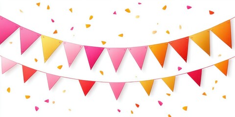 Colorful triangular bunting flags and scattered confetti on white background conveying a cheerful festive celebration
