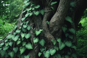 Close-up of an ancient twisted tree trunk entwined with heart-shaped climbing ivy leaves in a lush green forest, evoking a calm and mysterious mood