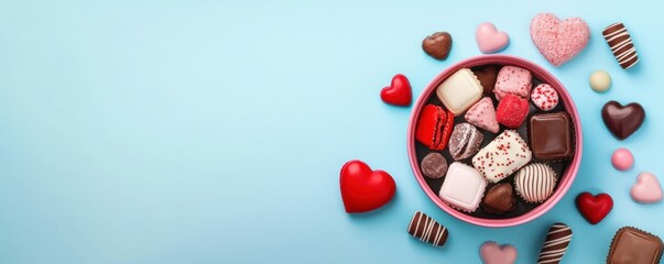 colorful assortment of chocolates and heart-shaped candies displayed in a pink bowl against a light blue background.