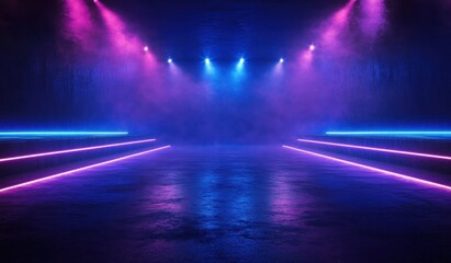 Empty futuristic stage with neon blue and purple spotlights, glowing LED step lines, low fog and reflective floor creating a dramatic, moody sense of anticipation