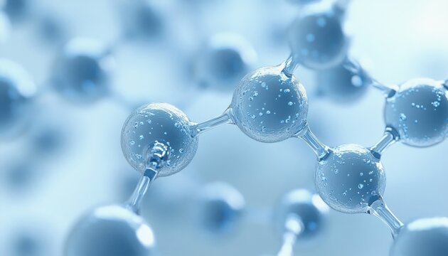 glossy translucent blue molecular model of connected spheres and bonds with tiny liquid bubbles, conveying serene scientific precision - Powered by Adobe