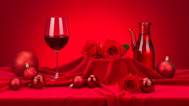 Copa de vino tinto con rosas sobre fondo rojo intenso, concepto de cita rom&aacute;ntica, gastronom&iacute;a y celebraci&oacute;n nocturna para hosteler&iacute;a y marketing