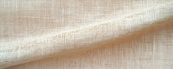 close-up of beige woven linen fabric with open weave and gentle fold, soft warm texture evoking calm and coziness