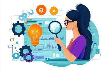 young woman with glasses and ponytail examines a glowing light bulb and data charts with a magnifying glass amid gears and settings icons, conveying curiosity and discovery