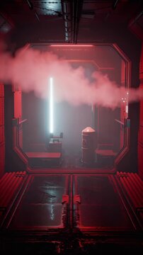 A red-lit industrial corridor simulates a nuclear power plant emergency. Smoke fills the air as warning lights flash, suggesting radiation leakage or containment failure in a futuristic setting