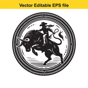  vector illustration of a cowboy riding a bull in a circular rope design, isolated on white background