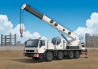 Obraz premium White construction crane on a construction site with city skyline view. Stationary crane with extended arm at a building site in the city.