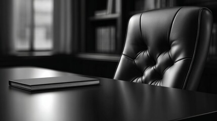 A sophisticated office scene with a leather chair and a desk with a notebook. The room features a window and bookshelves in the background.