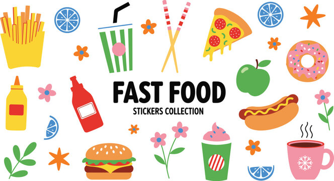 Flat vector illustration set of fast food stickers featuring burger pizza hotdog donut french fries and coffee drinks.