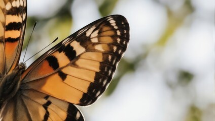 Close up of a Painted Lady butterfly wing with intricate patterns and vibrant colors against a soft blurred background.