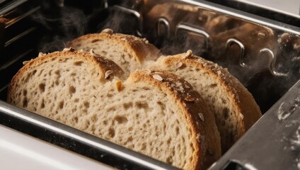 Toasting healthy whole grain bread slices in a modern kitchen appliance.