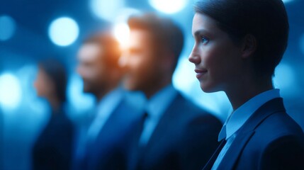 A line of business professionals, focused and determined, with a captivating blue hue