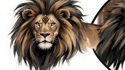 Majestic Lion with Golden Mane and Intricate Forehead Symbol.