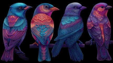 Neon stylized bird tattoos glowing with vibrant neon lines, modern tribal wildlife designs, digital glowing tattoo art with electric color accents
