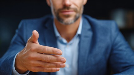 A professional man extends his hand for a handshake, close up shot
