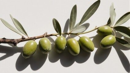 Green Olives Growing on a Branch with Leaves.