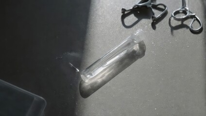 Transparent glass tube with surgical tools in a sterile environment.