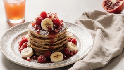 Delicious stack of pancakes with fresh fruits and juice.