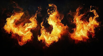 Obraz premium Three roaring golden orange flames dancing on a black background with swirling painterly brushstrokes conveying intense dramatic energy