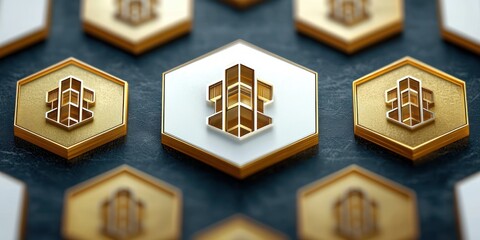 close-up of gold and white hexagonal medallions with stylized building emblems on a dark textured surface, sleek modern and luxurious mood