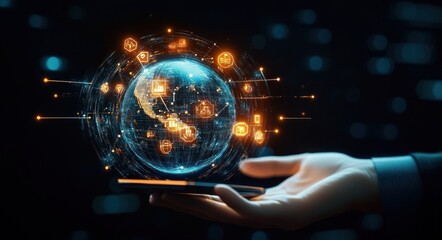 Hand holding smartphone projecting a glowing holographic digital globe with blue circuitry and orange icons, network lines and data streams, evoking futuristic connectivity and wonder