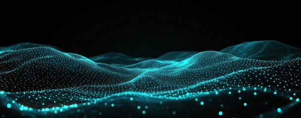 Glowing teal dotted mesh forming undulating digital landscape waves on black background, futuristic and mysterious mood