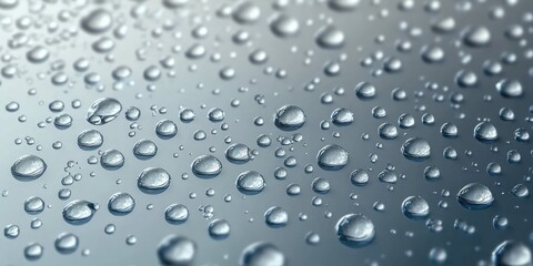 Close-up of scattered water droplets on a smooth reflective surface with cool blue tones, soft highlights and a calm tranquil mood
