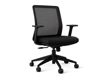 Black ergonomic office chair featuring a mesh back, upholstered seat, adjustable armrests, and five-point wheeled base. Transparent background