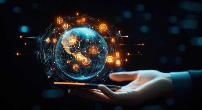 Hand holding smartphone projecting a glowing holographic digital globe with blue circuitry and orange icons, network lines and data streams, evoking futuristic connectivity and wonder - Powered by Adobe