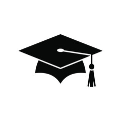 Graduation Cap Icon in Black, Academic Education Symbol, Mortarboard Illustration Isolated on White Background