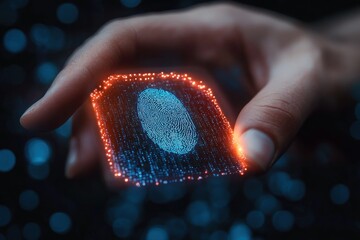 human hand holding a glowing rectangular holographic display with a blue fingerprint and red-orange light edges against a dark bokeh background, evoking futuristic security and curiosity