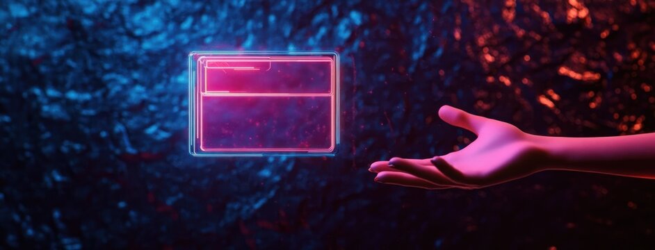Outstretched neon-lit hand reaching toward a glowing translucent holographic window over a dark textured background, evoking curiosity and futuristic wonder - Powered by Adobe