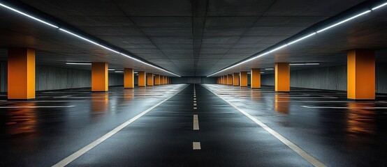 Empty underground parking garage with wet reflective floor, rows of bright orange pillars, linear overhead lights, long symmetrical central lane and moody futuristic stillness