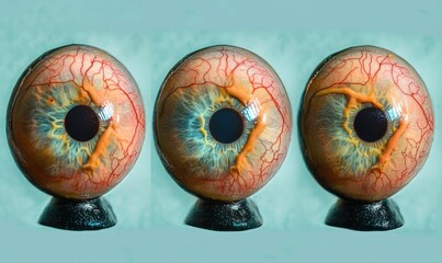 three realistic glossy eyeball models on black stands with blue-green irises, visible red veins and glossy reflections conveying an eerie unsettling mood