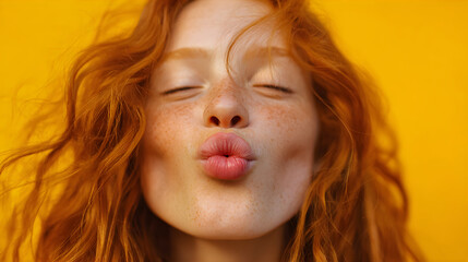 Naklejka premium Young red-haired woman with closed eyes making a kiss face expression with a yellow background. Kiss a ginger day, Valentines Day.