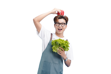 The Playful Gardener with Fresh Harvest: A joyful individual, adorned with spectacles and an apron, holds a vibrant head of lettuce, adding a playfully colored pepper on their head.