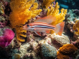 colorful striped reef fish swimming among yellow soft corals, pink sponge and brain corals on a vibrant tropical coral reef, serene and peaceful underwater scene