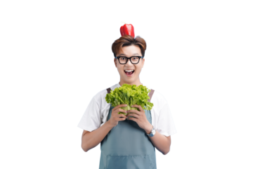 Enthusiastic Gardener Holding Fresh Produce: A joyful individual, adorned with spectacles and an apron, radiates happiness while holding fresh lettuce and a tomato.