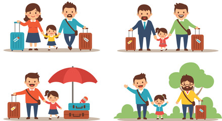 Set of flat vector family travel characters with luggage suitcases and umbrellas going on vacation together isolated white.
