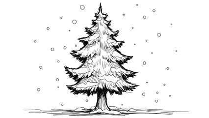 Simple minimalist pine tree on white snowy ground vector sketch background