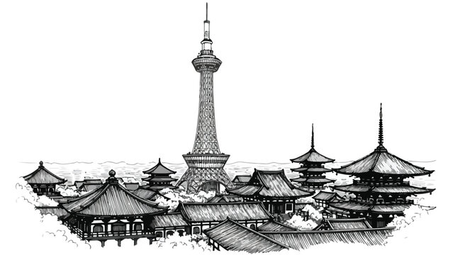 Pagoda temple and tv tower architecture landmark in seoul south korea sketch