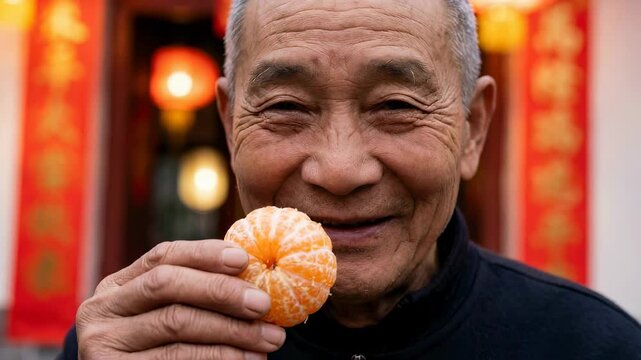 Smiling asian man holds peeled tangerine during Chinese New Year celebration with traditional lanterns and red decorations.