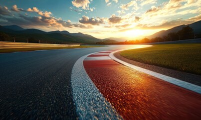 Empty racetrack curve at sunset with red and white curbstone, glowing asphalt, distant mountains and dramatic clouds evoking speed and exhilaration