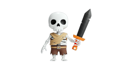 Cartoon Skeleton Warrior Holding Sword on White Background