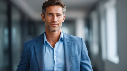 Obraz premium Handsome businessman in a blue suit, exuding confidence and a professional demeanor. The image captures him in an office setting.