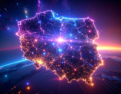 Glowing outline of a country's map, overlaid on a colorful galaxy & horizon view from space