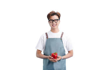 Smiling Chef Holding Red Pepper: A cheerful chef, radiating joy, stands confidently, holding a vibrant red pepper with gentle hands, showcasing his passion for culinary arts. 