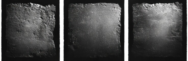 Triptych of three rough square textured dark metal or stone plates with uneven edges on black background, top lit for high contrast, minimalist austere and contemplative mood