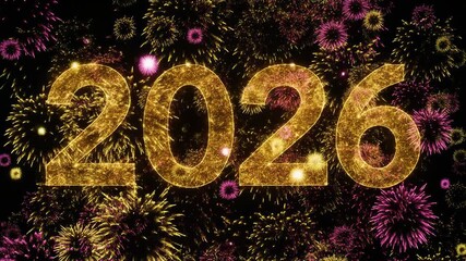 Vibrant fireworks illuminate the night sky with golden sparks as 2026 is celebrated