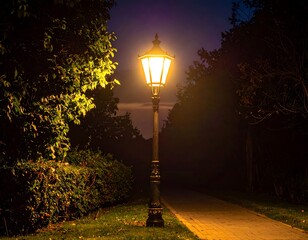 Glowing lamp post illuminates a pathway in a dark park with shrubs and trees
